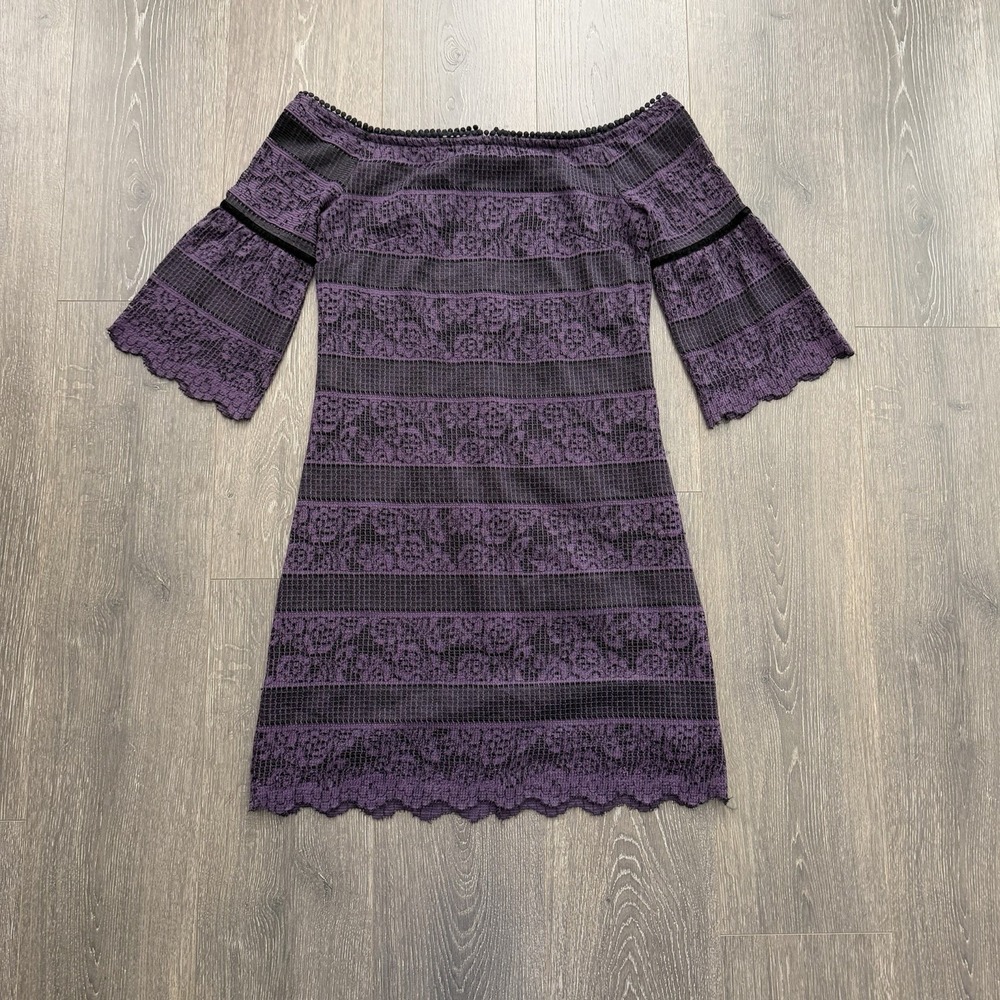 White House Black Market WHBM Lace Dress 6 Whimsigoth Purple Off‎ Shoulder Fairy